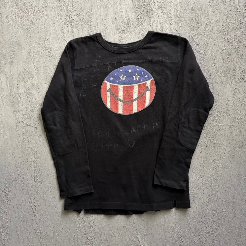 Denim & Dungaree Long Sleeve Shirt Large Black Smiley Face USA Japan Baby Tee